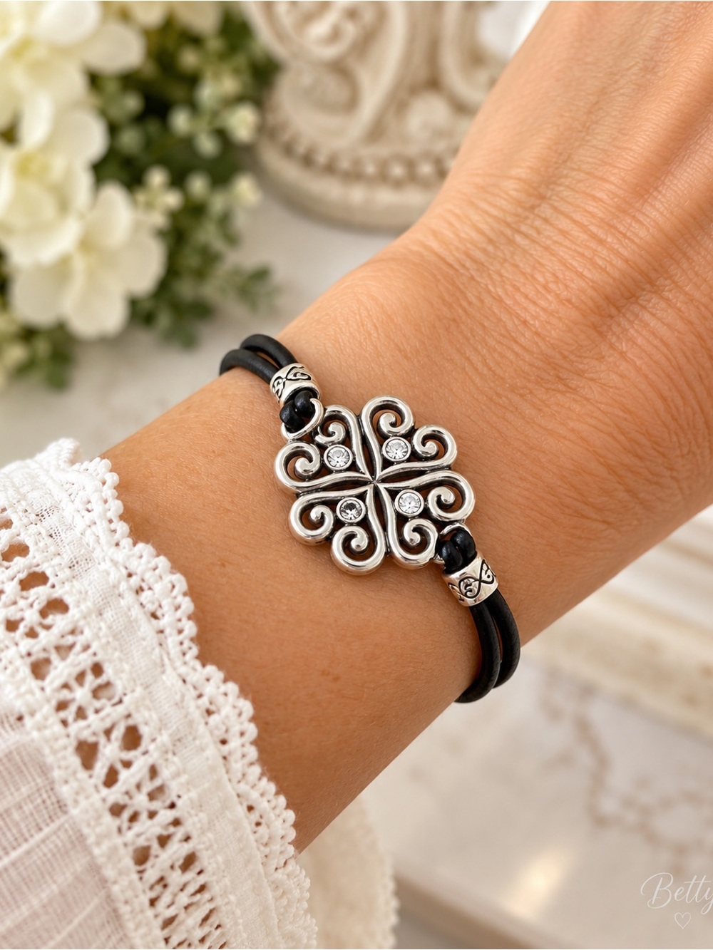 Brighton Alcazar Heart Silver-Tone Crystal Black Cord Bracelet